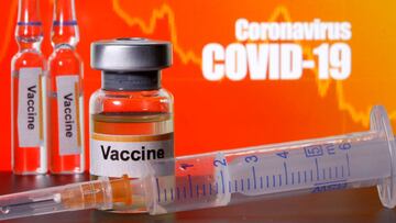 FILE PHOTO: Small bottles labelled with "Vaccine" stickers stand near a medical syringe in front of displayed "Coronavirus COVID-19" words in this illustration taken April 10, 2020. REUTERS/Dado Ruvic/Illustration/File Photo