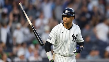 NEW YORK, NEW YORK - MAY 22: Juan Soto #22 of the New York Yankees reacts after hitting a two-run home run against the Seattle Mariners during the third inning at Yankee Stadium on May 22, 2024 in the Bronx borough of New York City. Luke Hales/Getty Images/AFP (Photo by Luke Hales / GETTY IMAGES NORTH AMERICA / Getty Images via AFP)