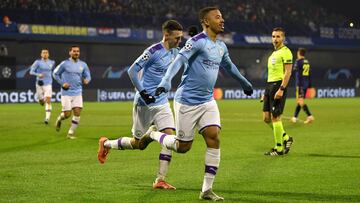 ZAGREB, CROATIA - DECEMBER 11: Gabriel Jesus of Manchester City celebrates after scoring his team&#039;s second goal during the UEFA Champions League group C match between Dinamo Zagreb and Manchester City at Maksimir Stadium on December 11, 2019 in Zagre