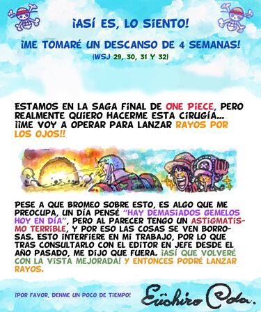 El manga de One Piece anuncia otro parón de un mes para que Eiichiro Oda pueda operarse