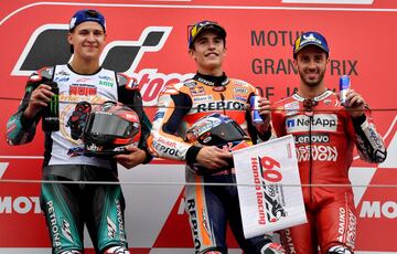 Marc Márquez, Fabio Quartararo y Andrea Dovizioso en el podio del Gran Premio de Japón. 