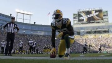 James Jones celebra un touchdown en Lambeau field en un partido de 2012.