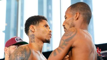 NEWARK, NEW JERSEY - SEPTEMBER 22: Shakur Stevenson (L) and Robson Conceição (R) face-off during the weigh in ahead of their WBC and WBO junior lightweight championship fight at Prudential Center on September 22, 2022 in Newark, New Jersey. (Photo by Mikey Williams/Top Rank Inc via Getty Images)