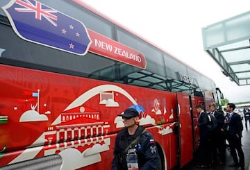 New Zealand's national football players board a bus upon arrival at Pulkovo International Airport in Saint Petersburg on June 9, 2017 ahead of the 2017 FIFA Confederations Cup football tournament in Russia.