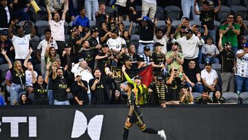 Aug 1, 2025; Los Angeles, California, USA; Los Angeles FC forward Denis Bouanga (99) celebrates his goal against Pachuca during the first half at BMO Stadium. Mandatory Credit: Kelvin Kuo-Imagn Images