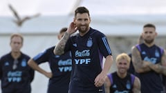 Argentina's forward Lionel Messi gestures during a training session in Ezeiza, Buenos Aires Province, on November 14, 2023, ahead of the FIFA World Cup 2026 qualifier football matches against Uruguay and Brazil. (Photo by Juan MABROMATA / AFP)