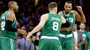 CLEVELAND, OH - MAY 21: Avery Bradley #0 celebrates with Jonas Jerebko #8 of the Boston Celtics after their 111 to 108 win over the Cleveland Cavaliers during Game Three of the 2017 NBA Eastern Conference Finals at Quicken Loans Arena on May 21, 2017 in Cleveland, Ohio. NOTE TO USER: User expressly acknowledges and agrees that, by downloading and or using this photograph, User is consenting to the terms and conditions of the Getty Images License Agreement.   Jason Miller/Getty Images/AFP
 == FOR NEWSPAPERS, INTERNET, TELCOS &amp; TELEVISION USE ONLY ==