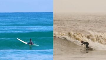 Surf en Valencia antes y después de la DANA, con aguas cristalinas y aguas embarradas, respectivamente.