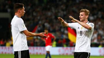 Soccer Football - 2018 World Cup Qualifications - Europe - Germany vs Norway - Stuttgart, Germany - September 4, 2017  Germany&rsquo;s Timo Werner celebrates scoring their fourth goal with Julian Draxler    REUTERS/Michaela Rehle