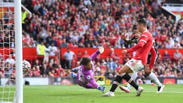 MANCHESTER, ENGLAND - SEPTEMBER 11: Cristiano Ronaldo of Manchester United scores their side's first goal during the Premier League match between Manchester United and Newcastle United at Old Trafford on September 11, 2021 in Manchester, England. (Ph