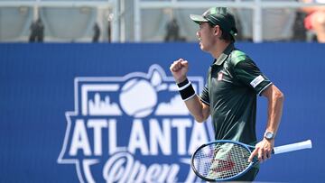 ATLANTA, GEORGIA - JULY 25: Kei Nishikori of Japan celebrates a shot against Jordan Thompson during the first round of the ATP Atlanta Open at Atlantic Station on July 25, 2023 in Atlanta, Georgia.   Adam Hagy/Getty Images/AFP (Photo by Adam Hagy / GETTY IMAGES NORTH AMERICA / Getty Images via AFP)