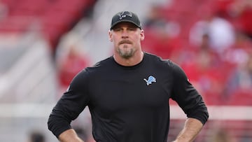 SANTA CLARA, CALIFORNIA - JANUARY 28: Head coach Dan Campbell of the Detroit Lions looks on prior to a game against the San Francisco 49ers in the NFC Championship Game at Levi's Stadium on January 28, 2024 in Santa Clara, California.   Ezra Shaw/Getty Images/AFP (Photo by EZRA SHAW / GETTY IMAGES NORTH AMERICA / Getty Images via AFP)