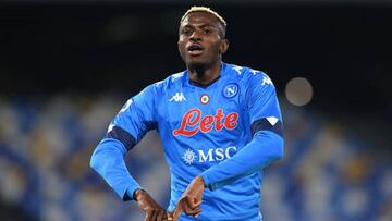 NAPLES, ITALY - MARCH 07: Victor Osimhen of SSC Napoli celebrates after scoring their side's second goal during the Serie A match between SSC Napoli and Bologna FC at Stadio Diego Armando Maradona on March 07, 2021 in Naples, Italy. Sporting stadium