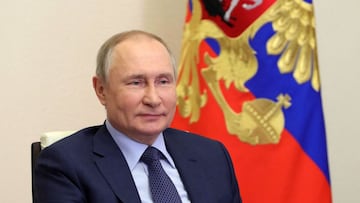 Russian President Vladimir Putin holds a meeting with winners of state culture prizes via a video link at the Novo-Ogaryovo state residence outside Moscow on March 25, 2022. - President Putin on March 25 slammed the West for discriminating against Russian