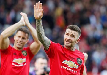 Soccer Football - 1999 Treble Reunion Match - Manchester United '99 Legends v Bayern Munich Legends - Old Trafford, Manchester, Britain - May 26, 2019  Manchester United's David Beckham celebrates after the match     REUTERS/Andrew Yates