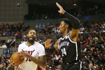 Basketball - NBA Global Games - Brooklyn Nets v Miami Heat - Arena Mexico, Mexico City, Mexico December 9, 2017. James Johnson of Miami Heat and Rondae Hollis-Jefferson of Brooklyn Nets in action. REUTERS/Edgard Garrido