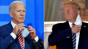 (COMBO) This combination of pictures created on October 31, 2020 shows Democratic presidential nominee and former Vice President Joe Biden removing his mask as he delivers remarks on Covid-19 at The Queen theater on October 23, 2020 in Wilmington, Delawar