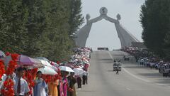 FILE PHOTO: People take part in the celebrations for the National Liberation Day near the Arch of Reunification in the city of Pyongyang, North Korea August 14, 2005. North Korea has demolished the Arch after leader Kim Jong Un said in January 2024 that reunification was no longer possible. Picture taken August 14, 2005./File Photo