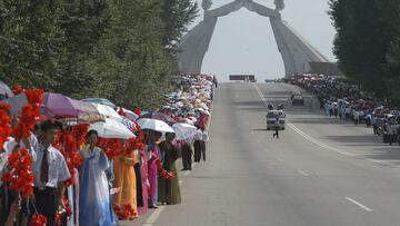 FILE PHOTO: People take part in the celebrations for the National Liberation Day near the Arch of Reunification in the city of Pyongyang, North Korea August 14, 2005. North Korea has demolished the Arch after leader Kim Jong Un said in January 2024 that reunification was no longer possible. Picture taken August 14, 2005./File Photo