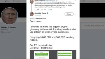 El primer mensaje de la cuenta falsa (pero verificada) de Donald Trump regalando criptomonedas bitcoin y ether
