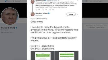 El primer mensaje de la cuenta falsa (pero verificada) de Donald Trump regalando criptomonedas bitcoin y ether