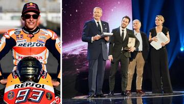 Marc M&aacute;rquez y Andrea Dovizioso recogiendo su premio de &#039;La Gazzetta dello Sport&#039;.