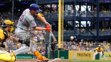 Jul 5, 2024; Pittsburgh, Pennsylvania, USA;  New York Mets first baseman Pete Alonso (20) hits a double against the Pittsburgh Pirates during the fourth inning at PNC Park. Mandatory Credit: Charles LeClaire-USA TODAY Sports