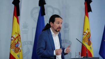 Spanish Pablo Iglesias address a press conference after the Cabinet Meeting held at Moncloa Palace in Madrid, Spain, 29 May 2020