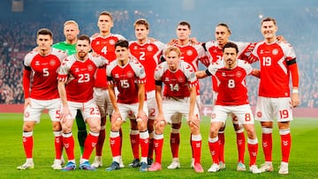 Copenhagen (Denmark), 17/11/2023.- (FILE) - Danish team line up before the UEFA Euro 2024 second round Group H qualifying match between Denmark and Slovenia at Parken Stadium in Copenhagen, Denmark, 17 November 2023 (re-issued 06 June 2024). Denmark are playing in Group C at the UEFA EURO 2024 with Slovenia, Serbia, England. Top from L: Kasper Schmeichel, Jannik Vestergaard, Joachim Andersen, Andreas Christensen,Yussuf Poulsen and Jonas Wind. Front from L: Joakim Mahle, Pierre-Emile Hojbjerg, Christian Norgaard, Victor Kristiansen and Thomas Delaney. (Dinamarca, Eslovenia, Copenhague) EFE/EPA/Liselotte Sabroe DENMARK OUT