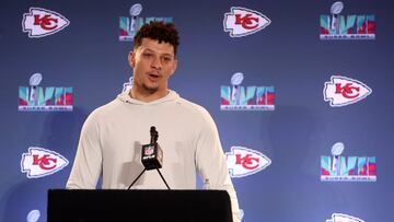 SCOTTSDALE, ARIZONA - FEBRUARY 08: Patrick Mahomes #15 of the Kansas City Chiefs speaks to the media during the Kansas City Chiefs media availability prior to Super Bowl LVII at the Hyatt Regency Gainey Ranch on February 08, 2023 in Scottsdale, Arizona. Christian Petersen/Getty Images/AFP (Photo by Christian Petersen / GETTY IMAGES NORTH AMERICA / Getty Images via AFP)