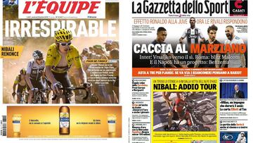 Portadas de L&#039;&Eacute;quipe y Gazzetta dello Sport del 20 de julio de 2018, dedicadas a la etapa del Tour con la accidentada llegada en Alpe d&#039;Huez.