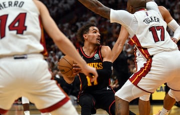 Apr 17, 2022; Miami, Florida, USA; Atlanta Hawks guard Trae Young (11) looks to pass the ball 