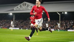 Manchester United's Alejandro Garnacho celebrates after he scores his side's second goal of the game during the Premier League match at Craven Cottage, London. Picture date: Sunday November 13, 2022. (Photo by Zac Goodwin/PA Images via Getty Images)