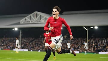 Manchester United's Alejandro Garnacho celebrates after he scores his side's second goal of the game during the Premier League match at Craven Cottage, London. Picture date: Sunday November 13, 2022. (Photo by Zac Goodwin/PA Images via Getty Images)