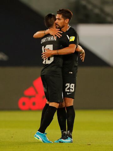 Soccer Football - FIFA Club World Cup Third Place Match - Al Jazira vs CF Pachuca - Zayed Sports City Stadium, Abu Dhabi, United Arab Emirates - December 16, 2017   Pachuca's Jonathan Urretaviscaya celebrates scoring their first goal with Franco Jara      REUTERS/Amr Abdallah Dalsh