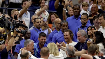 NEW YORK, NEW YORK - SEPTEMBER 10: Novak Djokovic of Serbia celebrates after defeating Daniil Medvedev of Russia during their Men's Singles Final match on Day Fourteen of the 2023 US Open at the USTA Billie Jean King National Tennis Center on September 10, 2023 in the Flushing neighborhood of the Queens borough of New York City.   Matthew Stockman/Getty Images/AFP (Photo by MATTHEW STOCKMAN / GETTY IMAGES NORTH AMERICA / Getty Images via AFP)