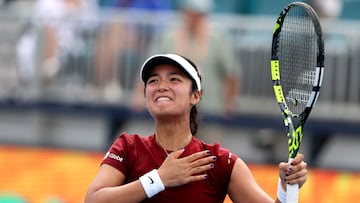 MIAMI GARDENS, FLORIDA - MARCH 23: Alexandra Eala of Philippines celebrates her win against Madison Keys during Day 6 of the Miami Open at Hard Rock Stadium on March 23, 2025 in Miami Gardens, Florida. Al Bello/Getty Images/AFP (Photo by AL BELLO / GETTY IMAGES NORTH AMERICA / Getty Images via AFP)