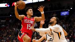 Jan 16, 2020; New Orleans, Louisiana, USA; New Orleans Pelicans guard Frank Jackson (15) drives to the basket against Utah Jazz center Rudy Gobert (27) during the second quarter at the Smoothie King Center. Mandatory Credit: Derick E. Hingle-USA TODAY Sports