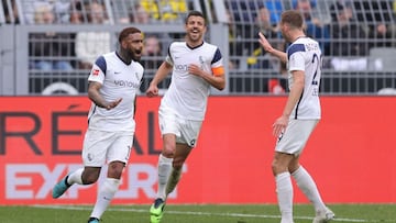 DORTMUND, GERMANY - APRIL 30: Juergen Locadia of VfL Bochum 1848 celebrates scoring a goal during the Bundesliga match between Borussia Dortmund and VfL Bochum at Signal Iduna Park on April 30, 2022 in Dortmund, Germany. (Photo by Joosep Martinson/Getty I