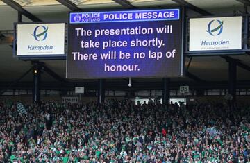 A police message confirms the cancellation of Hibs' lap of honour.