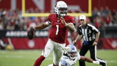 GLENDALE, ARIZONA - SEPTEMBER 08: Quarterback Kyler Murray #1 of the Arizona Cardinals scrambles away from Jahlani Tavai #51 of the Detroit Lions during the second half of the NFL football game at State Farm Stadium on September 08, 2019 in Glendale, Arizona.   Ralph Freso/Getty Images/AFP
 == FOR NEWSPAPERS, INTERNET, TELCOS &amp; TELEVISION USE ONLY ==