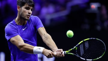 Spain's Carlos Alcaraz of Team Europe returns the ball to USA's Taylor Fritz of Team World during their 2024 Laver Cup men's singles tennis match in Berlin, Germany on September 22, 2024. (Photo by Odd ANDERSEN / AFP)