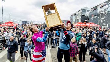 VICTORIA, AUSTRALIA - APRIL 27: Two-time world champion John John Florence of Hawaii and Courtney Conlogue of the USA win the 2019 Rip Curl Pro Bells Beach after winning the final at Bells Beach on April 27, 2019 in Victoria, Australia. Â (Phot