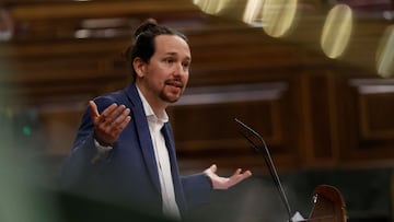 MADRID, 10/03/2021.- El vicepresidente segundo del Gobierno, Pablo Iglesias, interviene durante el pleno que se celebra en el Congreso de los Diputados, este mi&eacute;rcoles. EFE/ Chema Moya