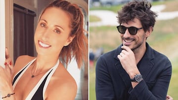 Im&aacute;genes de la exnadadora Gemma Mengual posando apoyada en una puerta en ba&ntilde;ador y del modelo Andr&eacute;s Velencoso sonriendo.