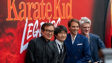 Jackie Chan, Ben Wang, Ralph Macchio and Jonathan Entwistle arrive at the premier of "Karate Kid: Legends" in New York City, U.S., May 27, 2025. REUTERS/David 'Dee' Delgado