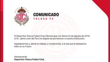 Toluca cesa a su director deportivo, Jaime León