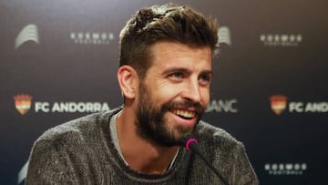 Barcelona Spanish defender and Kosmos investment company president Gerard Pique gives a press conference in Andorra La Vella, on April 12, 2019, following the acquisition the FC Andorra by the Spanish defender. (Photo by RAYMOND ROIG / AFP)