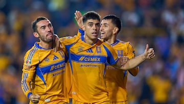 Juan Brunetta celebrates his goal 4-1 with Juan Brunetta and Angel Correa of Tigres during the 14th round match between Tigres UANL and Guadalajara as part of the Liga BBVA MX Varonil, Torneo Clausura 2026 at Universitario Stadium, on April 11, 2026 in Monterrey, Nuevo Leon, Mexico.