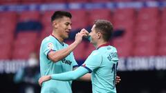 MADRID, SPAIN - FEBRUARY 20: Jorge De Frutos of Levante UD celebrates with teammate Oscar Duarte after scoring his team&#039;s second goal during the La Liga Santander match between Atletico de Madrid and Levante UD at Estadio Wanda Metropolitano on Febru